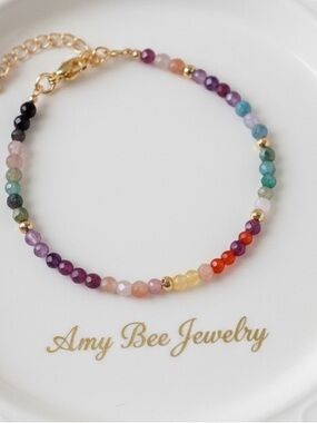 Multicolour Beaded 18k Gold Plated Watermelon Tourmaline Bracelet. New.